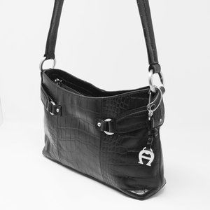 Aigner Shoulder Bag Black Leather Croc Embossed